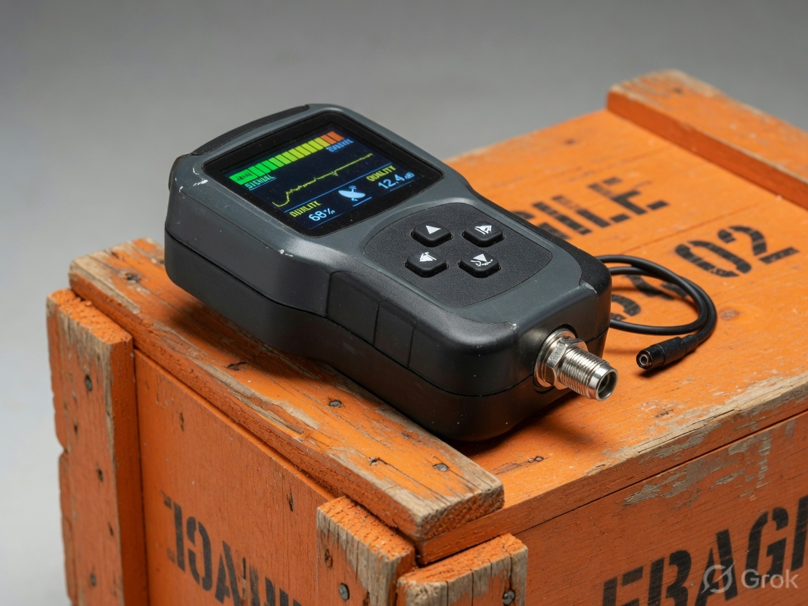 Handheld satellite signal meter with LCD sitting on an orange crate